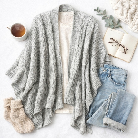 Soma Sweaters - Soma Frost/Moonlight Cable Knit Ruana Wrap Shawl One Size Cozy Neutral